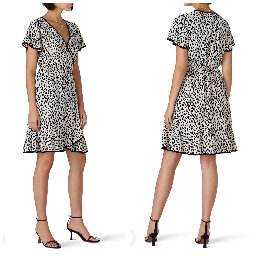 Slate & Willow Black Piping Faux Wrap Leopard Print Flutter Sleeve‎ Medium (L)